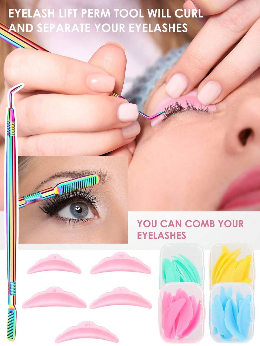 Eyelash Perming Tool Set, Includes 10pcs Reusable Silicone Pads + 1 Stainless Steel Comb Eyelash Separator, Suitable For Eyelash Perming And Eyelash Extensions - Multicolor - View 1