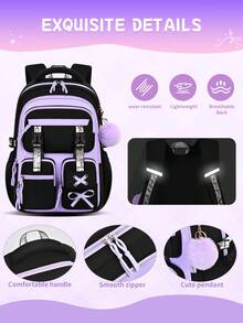 3 Pieces Set Bowknot (Detachable) Large Capacity Backpack, Tote Bag, Pencil Case, Polyester Adjustable Shoulder Strap Zipper Closure Back To School Gift - A - View 6