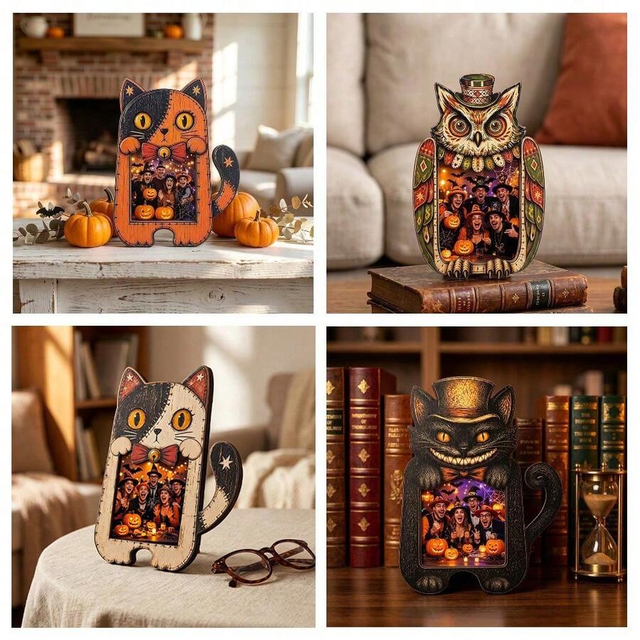 1/5Pcs Double Layer Solid Wood Owl Photo Frame, Gothic Pumpkin Lantern Print Freestanding Tabletop Holder, Spooky Autumn Desktop Ornament, Halloween Home Bedroom Decor, Indoor Party Creative Holiday Display Gift - Vintage Photo Frame - View 1