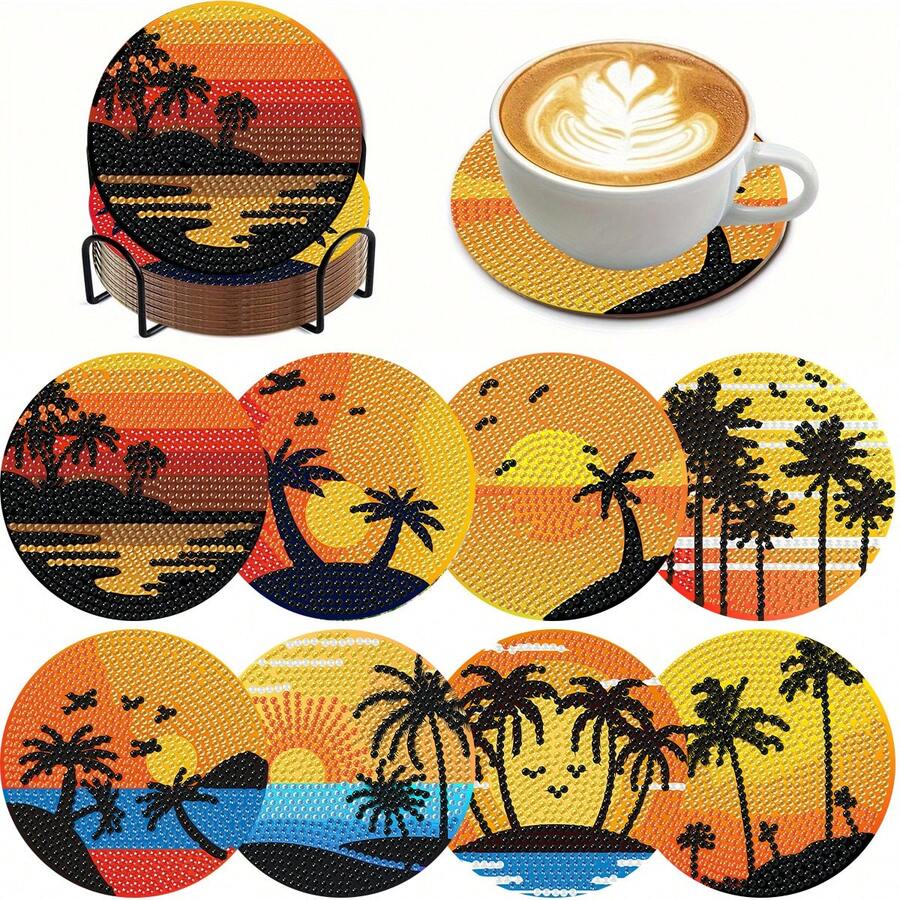 Sunset 8pcs DIY Diamond Painting Coaster Set, Smooth High-Gloss Rhinestone Surface, Secure Adhesion With Complete Tool Kit, Easy For Beginners, Stress-Relief Handmade Craft, New Year Spring Festival Valentine's Day Christmas Teacher's Day Holiday Gift, Heat-Insulating Decorative Coasters For Home Dining Table Coffee Table, Gift For Family Friends Besties Teachers