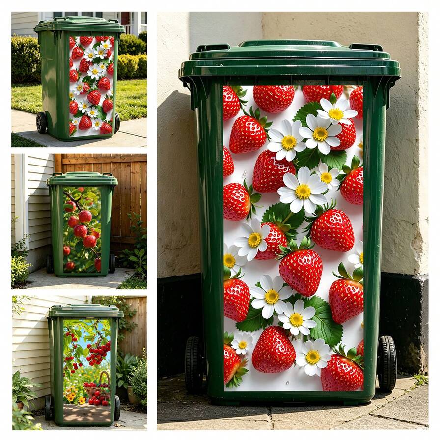 Fruit Print Trash Can Stickers, Waterproof Self-Adhesive Cherry Apple Strawberry Pattern Wheel Trash Can Decals, Weather-Resistant Outdoor Garden Trash Can Decorative Stickers, Suitable For Home And Yard Decoration - Fruit Trash Can Sticker - View 1
