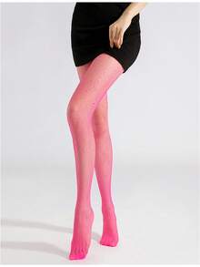 European And American Popular Sexy Rhinestone Shiny 4-Way Open Crotch Fishnet Pantyhose, No-Removal Hollow-Out Encrypted Nightclub Open Crotch Mesh Tights - Hot Pink - View 2