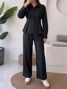 Fall Women's Solid-Color Minimalist Commuter Set: Front-Button Long-Sleeve Fitted Blouse And High-Waisted Straight-Leg Pants, Two Pieces Set - Black - View 4