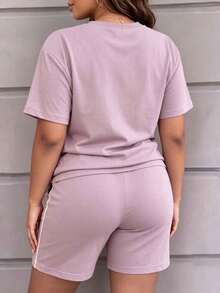 Women's Casual Round Neck Short Sleeve Top And Shorts Set, With Pockets, Slightly Elastic Fabric - Mauve Purple - View 5