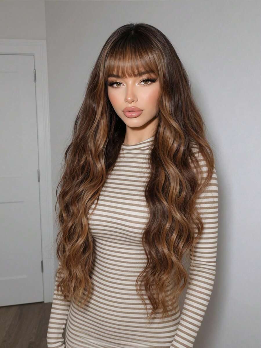 30 Inch Long Curly Brown Wig With Bangs, Synthetic Heat-Resistant Wig For Women, Daily Wear & Costume Party