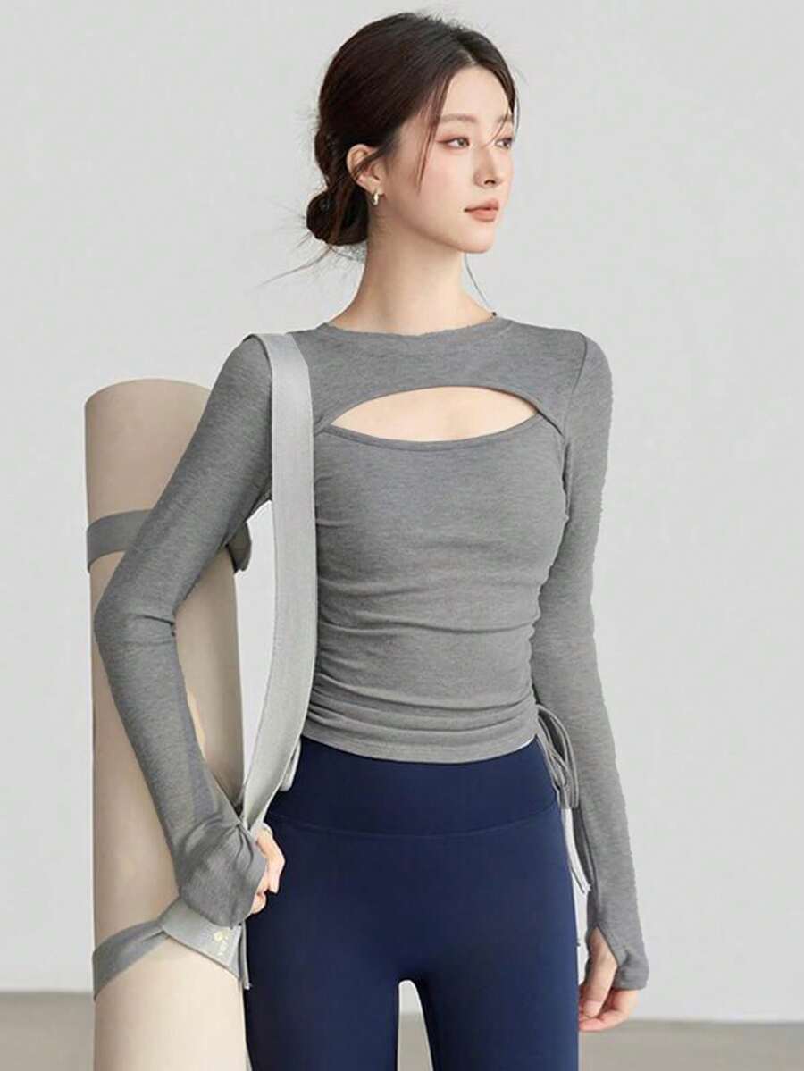 Minimalist Long Sleeve T-Shirt, Fitted Long Sleeve Top With Drawstring Tie Design On Both Sides, Suitable For Yoga, Daily Fitness Training And Other Low-Intensity Sports - Grey - View 1