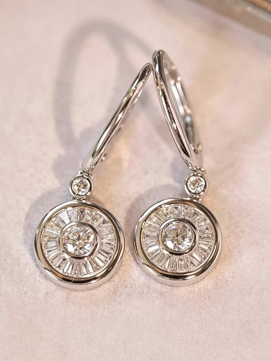 1 Pair Women's Elegant Round Disc Pendant Earrings, Inlaid With Sparkling Cubic Zirconia, Minimalist Fashion, Suitable For Wedding Party, Women's Jewelry Accessories - Earring - View 1