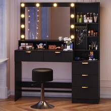Devoko Modern Vanity Table With Mirror, LED Lighting With 3 Color Modes, 5 Drawers, Open Shelves, Jewelry Hooks And Integrated Power Outlet, Dressing Table For Bedroom, Black - View 4