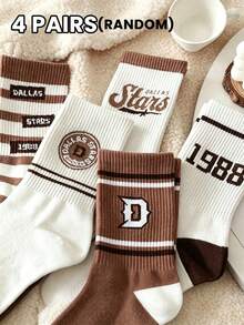 4 Pairs Random Socks, Suitable For Female Students In Spring And Autumn, Fashionable Korean-Style Knee-High Socks, Athletic American-Style Knee-High Socks, Comfortable For Daily Wear - Multicolor - View 12