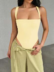 Mousse Moon 女款夏季性感低領純色緊身背心，適合健身與多功能戶外運動 - 黃色 - 查看 2