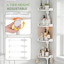 akinbas Estante de Ducha con Barra de Tensión y Organizador Giratorio L-Lazy Susan de 4 con Rotación de 360 Grados, 91.44-325.12 cm Sin Taladro, Estantes de Piso Ajustables para Rincón de Baño Blanco - Blanco - Ver 7