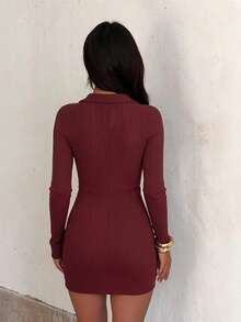 Women's Autumn Solid Color Collared Long Sleeve Front Knot Fitted Mini Dress - Burgundy - View 7