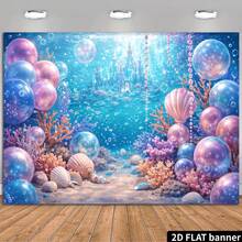 2d Flat Banner Underwater Party Banner With Ocean Theme In The Background, Decorated With Coral Shells, Pearl Balloons And Underwater Castles, Room Decoration, Without Power Supply. - 1 - View 8