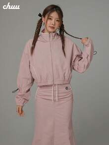 CHUU Women's Drawstring Hooded Jacket, Autumn Lace Trim Sweet Chic Loose Casual Top - Dusty Pink - View 1