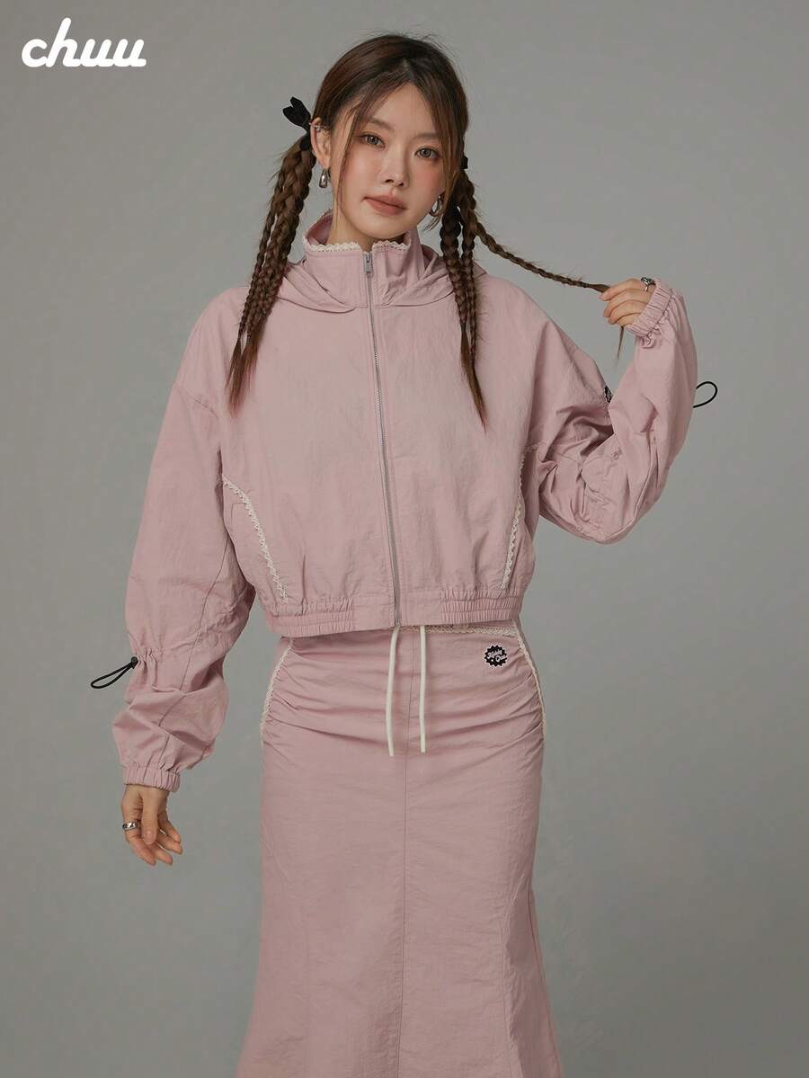 CHUU Women's Drawstring Hooded Jacket, Autumn Lace Trim Sweet Chic Loose Casual Top - Dusty Pink - View 1