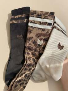 1/3/6/20/30 Pairs Women's Leopard Print Striped Mid-Calf Socks, Fashionable Classic Comfortable Soft Breathable, Versatile For Daily Wear, Suitable For All Seasons - Multicolor - View 4