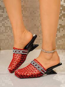 Fashionable Mesh Slide Sandals With Pearl Decor, Wedge Heel Breathable Mesh Slippers - Red - View 4