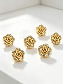 6pcs Minimalist Light Luxury Rhinestone Rose Cufflinks For Women,Clothing Accessories, Suitable For Daily And Holiday Wear, Gifts For Friends - Gold - View 8