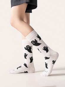 1/2 Pairs Halloween Cute Cartoon Black & White Ghost Pattern Mid-Calf Socks, Creative Couple Black & White Versatile Mid-Calf Socks - Multicolor - View 6