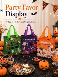 1/3/6pcs Halloween Laminated Non-Woven Fabric Tote Bags, Ghost Pumpkin Bat Pattern Gift Bags, Halloween Trick Or Treat Party Gift Storage Bags, Holiday Decoration Accessories, 3 Mixed Color Cartoon Styles, Durable Handle Candy Packaging Bags - Multi-color - View 4