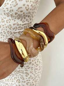 6/3/1 Peça Conjunto de Anéis e Pulseiras Vintage Minimalista com Formato de Onda em Acrílico e Resina para Mulheres, Adequado para Uso Diário, Empilhável, Presente Perfeito para Feriados - Multicolorido - Visão 3