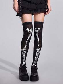 4pcs Halloween Horror Blood Splatter & Skeleton Thigh High Socks, Goth Cross Bow Over The Knee Stockings For Cosplay - Multicolor - View 5