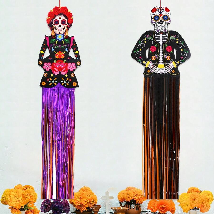 1pc Halloween Hanging Decoration, Skeleton Skull Tassel Garland With Colorful Sugar Skull Design, Spooky Party Door Wall Decor, Fall Festival Home Accessories - Multicolor - View 1