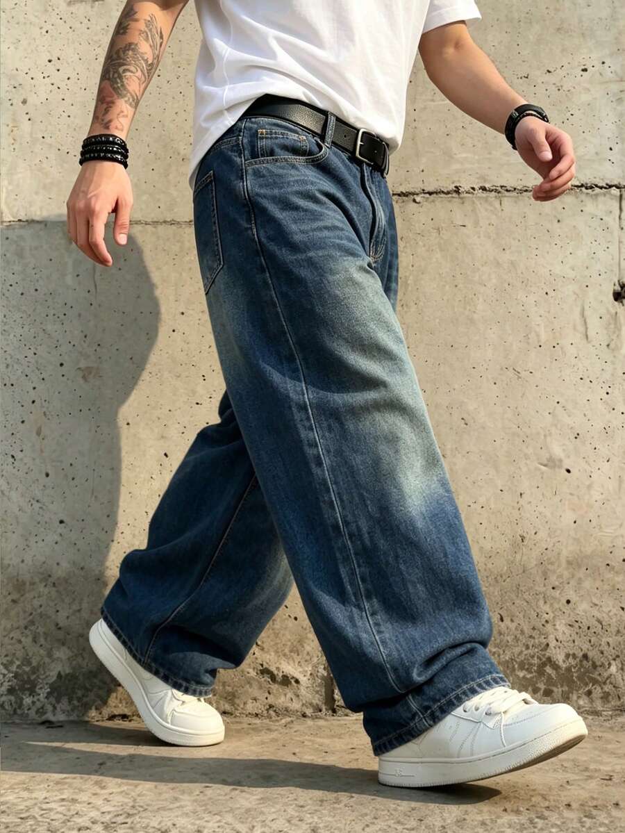 1 buah Celana Jeans Pria Model Longgar Kaki Lebar Gaya Vintage, Tidak Melar, Cocok untuk Pakaian Kasual & Kerja - Biru - View 1