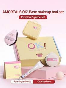 Amortals 5Pcs Base Makeup Kit – 30mm Crescent Foundation Brush, 2 Thick 4mm Rubycell Puffs, 100 Oil-Proof Mixing Papers + Dust-Proof Case, Flawless Daily Base Makeup, Viral Trending Starter Cosmetic Gift Set - Multicolor - View 2