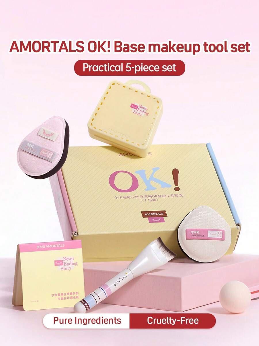 Amortals 5Pcs Base Makeup Kit – 30mm Crescent Foundation Brush, 2 Thick 4mm Rubycell Puffs, 100 Oil-Proof Mixing Papers + Dust-Proof Case, Flawless Daily Base Makeup, Viral Trending Starter Cosmetic Gift Set