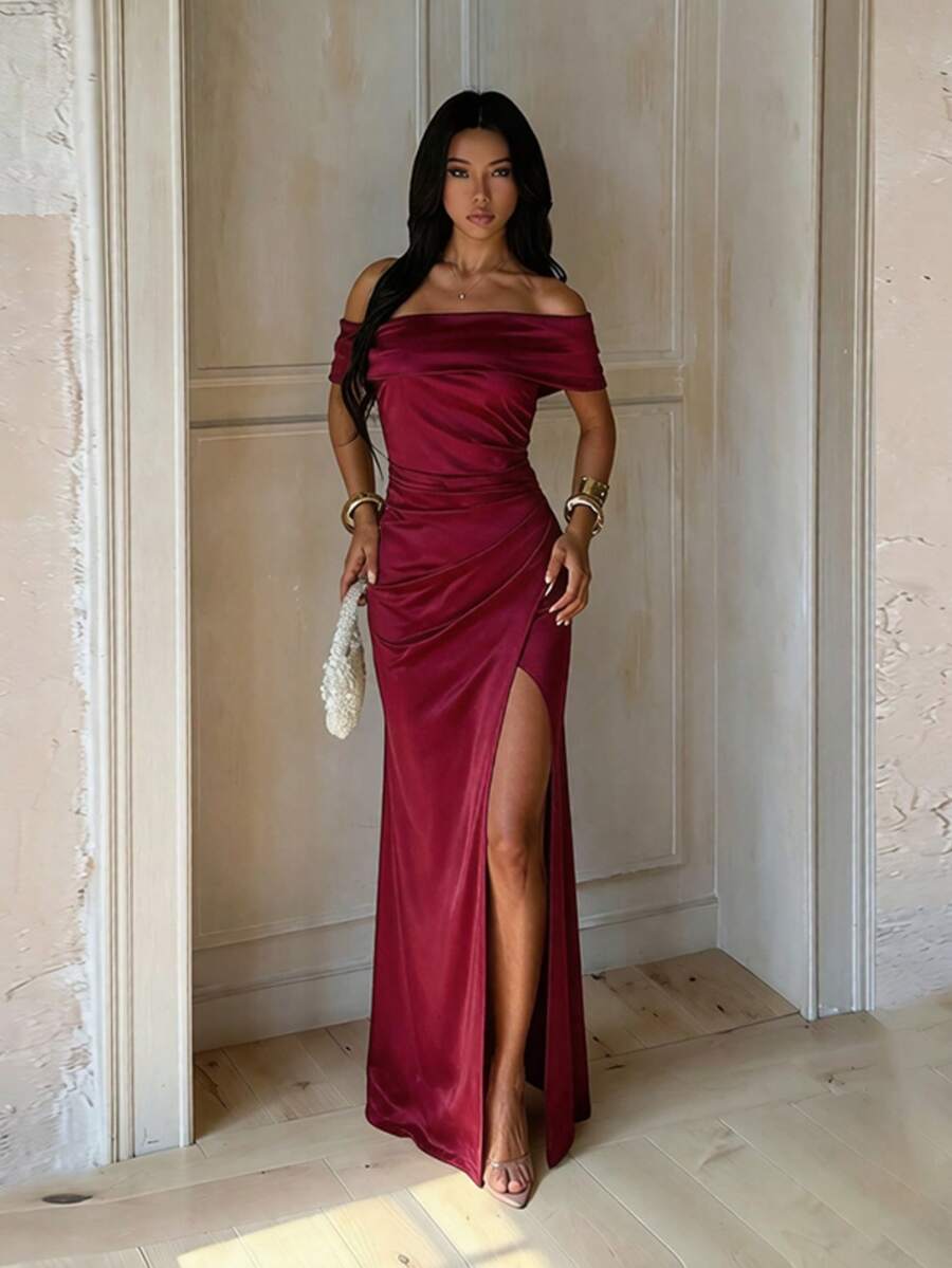 Vestido de fiesta elegante de verano para mujer, diseño plisado con abertura, vestido de playa, adecuado para boda, vacaciones, cena, ir al trabajo, cita - Burdeos - Ver 1