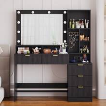 Devoko Modern Vanity Table With Mirror, LED Lighting With 3 Color Modes, 5 Drawers, Open Shelves, Jewelry Hooks And Integrated Power Outlet, Dressing Table For Bedroom, Black - View 3