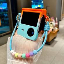 1pc New Skin-Feel PC Folding Case For Samsung Z - Dual-Ear Gradient Shockproof Phone Case With Lanyard For Z Flip 6/5, Z Flip 3/4, Z Flip 5, Z FE, Z Flip 8, N2 Flip, N3 Flip, X Flip, Flip, Flip 2nd Gen, Honor V Flip, Honor VIP 2nd Gen, Pura X, Pocket 2, P50 Pocket, Nova Flip - Blue Orange - View 6