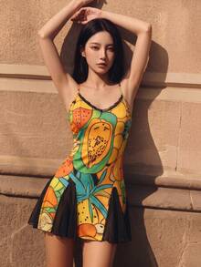性感優雅女款彩色水果圖案細肩帶短洋裝，無袖V領設計，適合夏季休閒穿著 - 彩色 - 查看 4