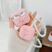 Casing Pelindung Silikon Lembut Bertekstur Buram dengan Pita Merah Muda 3D, Kompatibel dengan Apple untuk AirPods Pro 3/4/Generasi ke-3, untuk Earbud Nirkabel, Hadiah untuk Pacar - Rantai Kupu-kupu Besar Pink + Mutiara - View 1