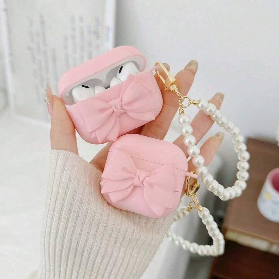 Casing Pelindung Silikon Lembut Bertekstur Buram dengan Pita Merah Muda 3D, Kompatibel dengan Apple untuk AirPods Pro 3/4/Generasi ke-3, untuk Earbud Nirkabel, Hadiah untuk Pacar - Rantai Kupu-kupu Besar Pink + Mutiara - View 1