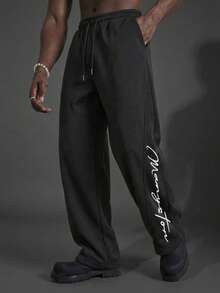 Camvyn Men's Lightweight Fashionable Versatile Letter Print Curved Blade Design Straight Leg Casual Pants, Summer - Black - View 1