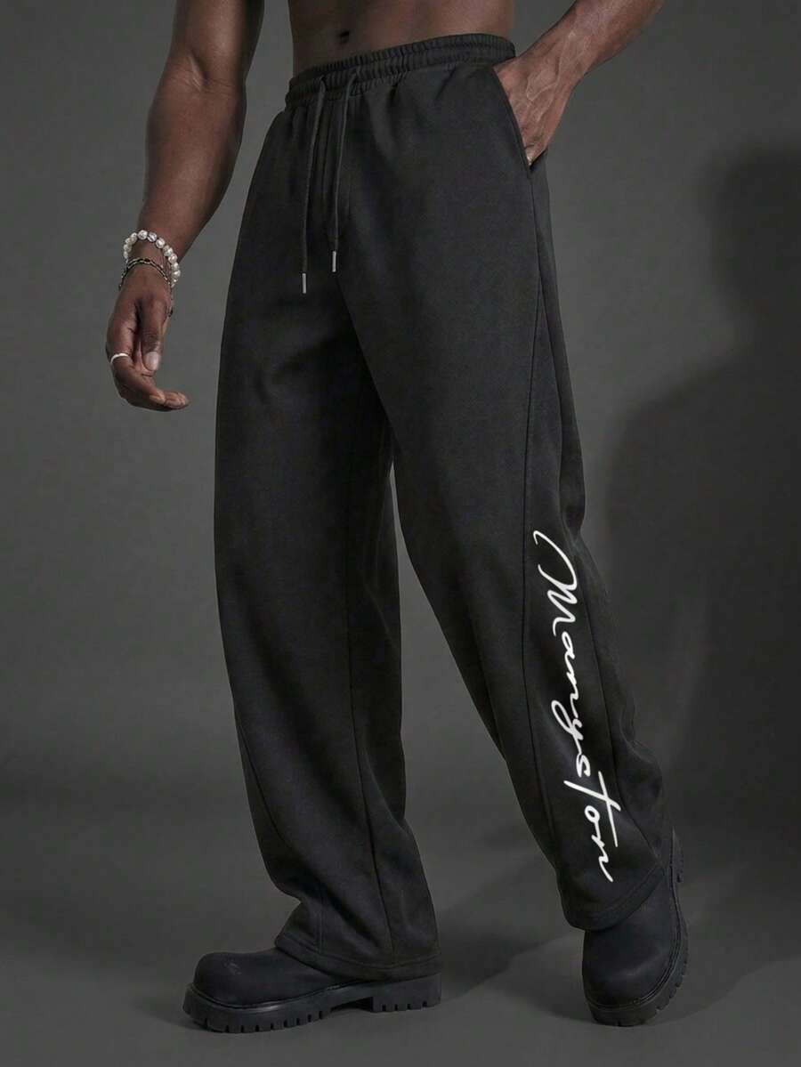 Camvyn Men's Lightweight Fashionable Versatile Letter Print Curved Blade Design Straight Leg Casual Pants, Summer - Black - View 1