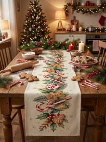 One Christmas Candy Cane Gingerbread Man Print Table Runner, A Candy And Dessert Themed Table Runner, Suitable For Dining Tables, Tabletops, Kitchens, Holiday Parties, And Christmas Decorations. - Multicolor - View 3
