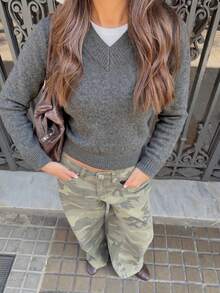 Fall Winter Women Sweaters Elegant Casual Vacation Grey Solid Crew Neck Oversized Long Sleeve Soft Loose Knitwear Pullover Sweater Top - Grey - View 3