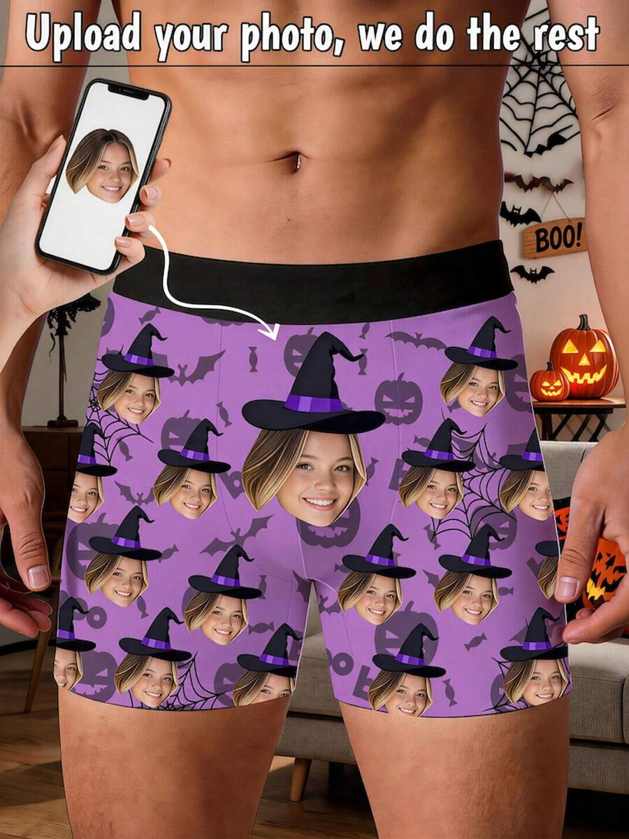 Personalized Photo Men Underpants, Halloween Witch Hat Bat Spider Custom Face Boxer Shorts Holiday Surprise Gift,Halloween Pajamas Cosplay Lingerie - Multicolor - View 1