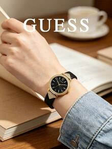GUESS Women's Gold-Tone Rhinestone Watch, Black Radial Dial, Triangle Crystal Decor, Black Leather Strap, Elegant Quartz Wristwatch - Black - View 4