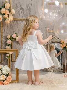 Baby Girls Asymmetrical Shoulder Solid Color Flower Beaded Bow Satin Elegant Birthday Party Dress, Suitable For Flower Girl Wedding, Headband Not Included - White - View 4