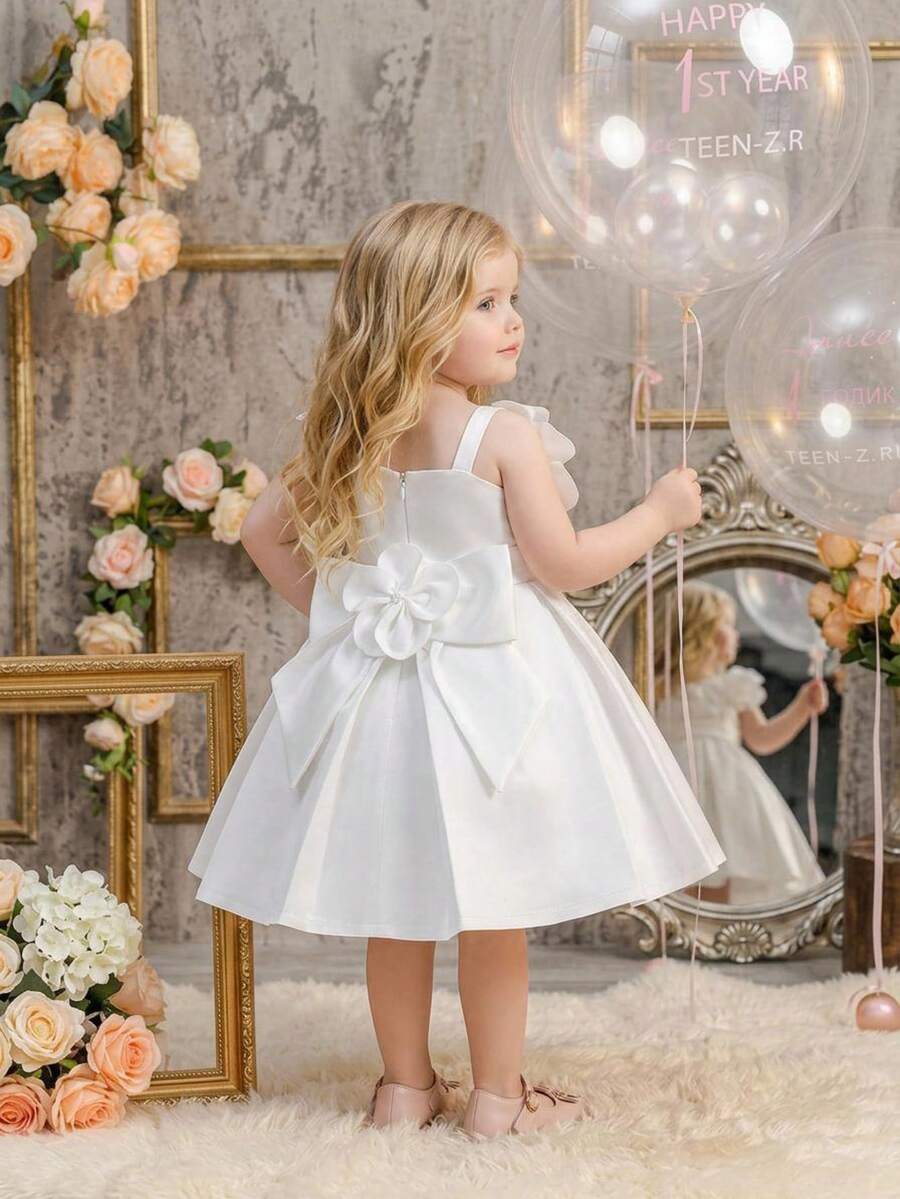 Baby Girls Asymmetrical Shoulder Solid Color Flower Beaded Bow Satin Elegant Birthday Party Dress, Suitable For Flower Girl Wedding, Headband Not Included - White - View 1