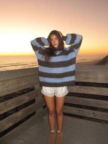 Plus Size Women's Vintage Vacation Striped Colorblock Long Sleeve Sweater - Brown-blue - View 7