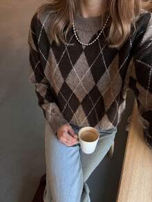 FOR BEAUTY Women's Y2K Retro Brown Argyle Knit Sweater Pullover Long Sleeve Round Neck Top Casual Outfit Autumn/Winter - Volcanic Gray - View 2