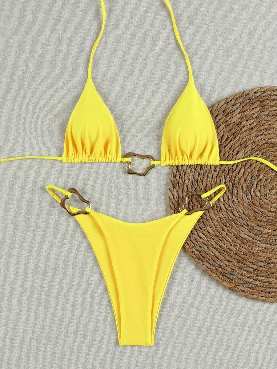 女款優雅黃色泳衣套裝,適合春夏海邊度假、海濱活動與度假穿著 - 黃色 - 查看 1