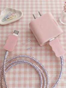 1 Set Hot-Selling Solid Peach Pink Minimalist Data Cable Protector Set, Dust-Proof, Oil-Resistant, Anti-Aging And Yellowing, Pet-Bite Resistant, Bow-Knot Data Cable Protector Korean Minimalist Style, Versatile For Commuting, Compatible With Apple 18W/20W Fast Charging Head, Niche Gentle Gift For Girlfriend - Glossy Flour - View 7