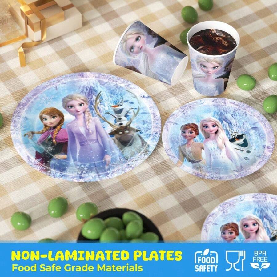Frozen 一次性派對餐具套裝,紙盤、杯子、餐巾紙,Anna 與 Olaf 印花防水桌布,公主生日甜點桌用品,適用生日派對 - 彩色 - 查看 1