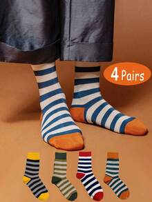 4 Pairs Of Unisex Striped Mid-Calf Socks, Autumn/Winter Casual Retro Stockings, Fall - Multicolor - View 1